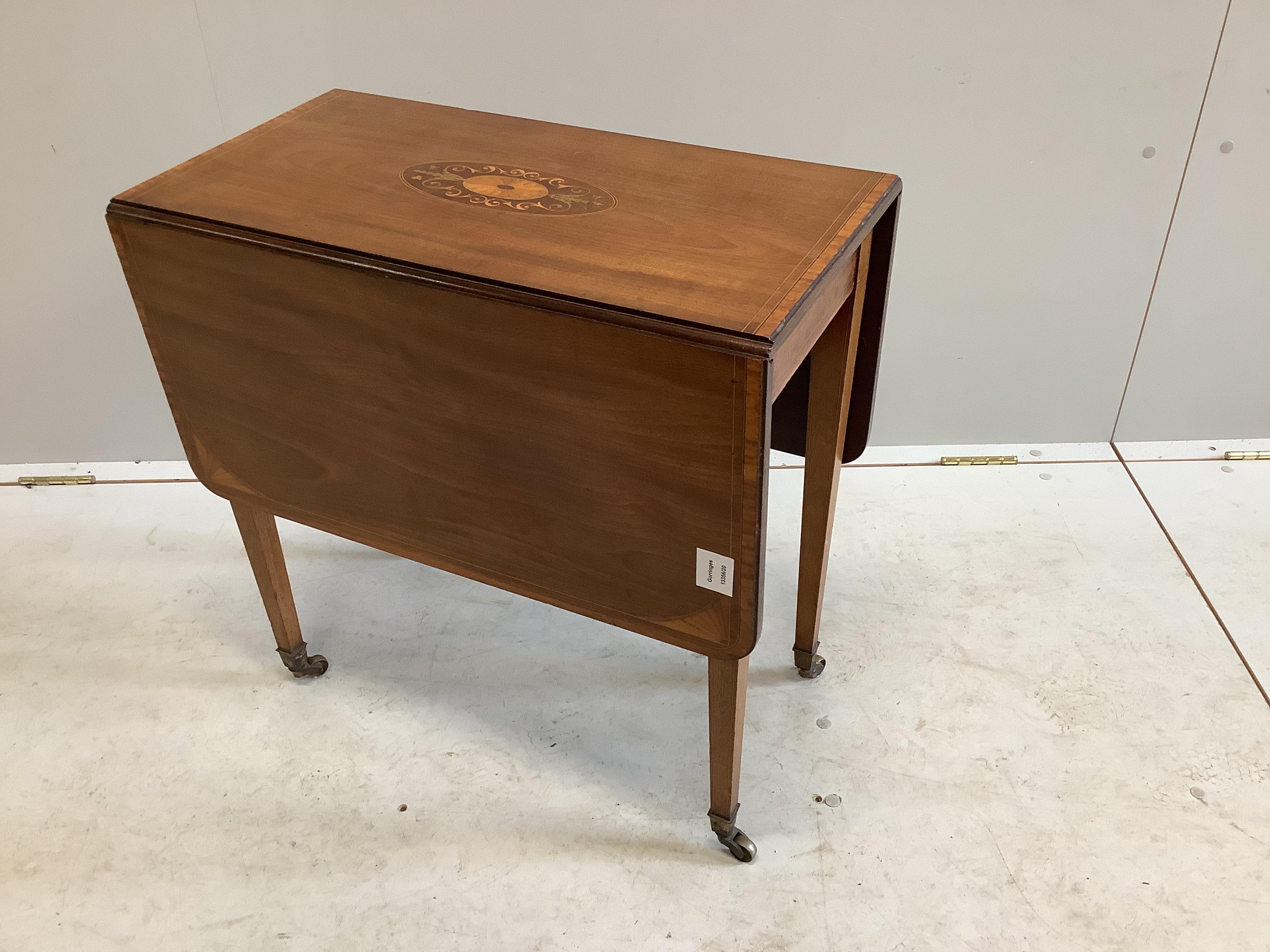 An Edwardian marquetry inlaid mahogany drop flap occasional table, width 61cm, depth 33cm, height 62cm